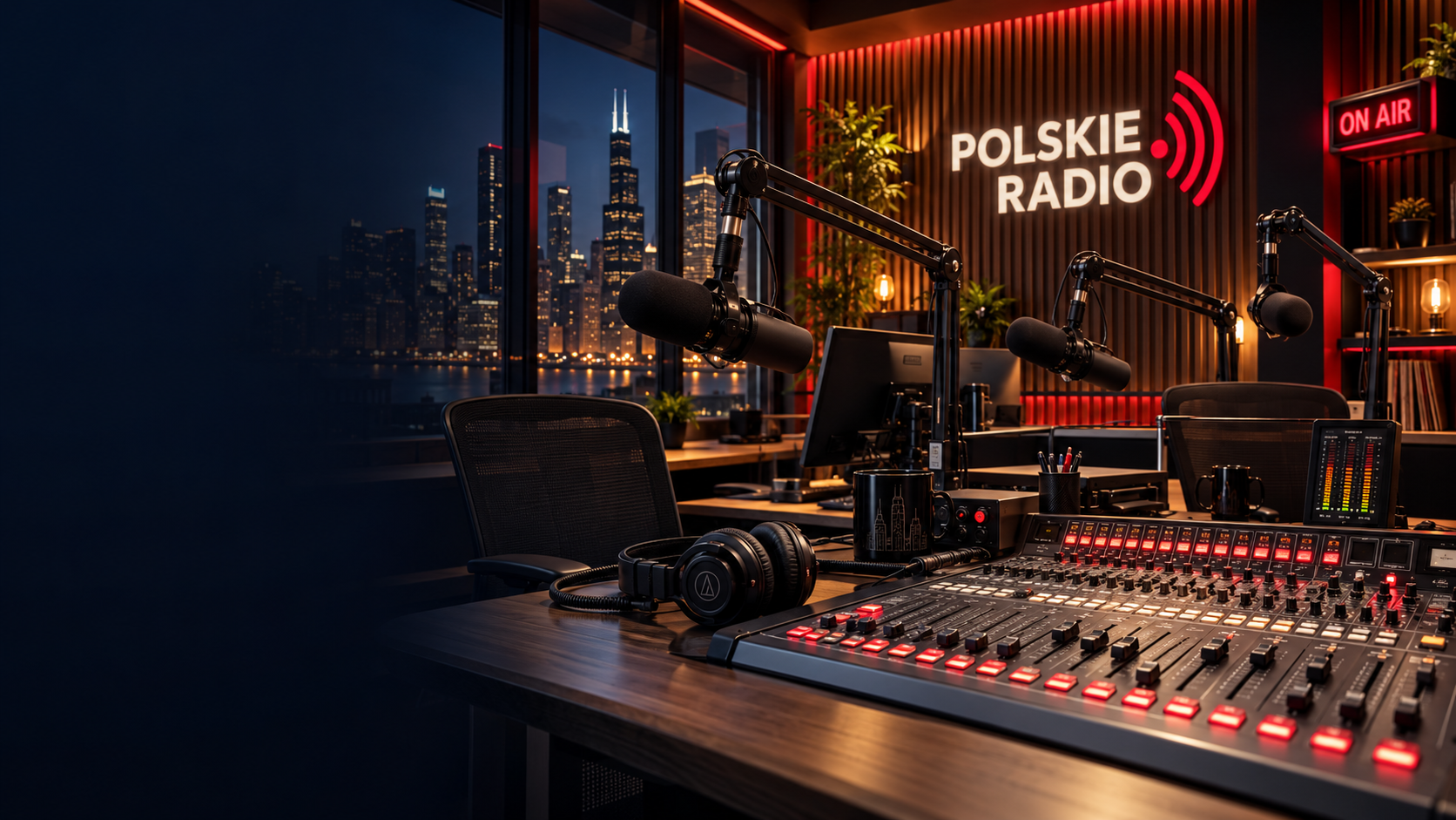 Studio radiowe z mikrofonami, konsoletą i podświetlonym logo Polskie Radio